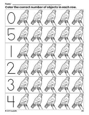 Free printable hawk count and color worksheet for preschoolers, hawk coloring page and counting worksheet numbers 0-5, PDF