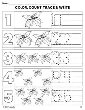 Free printable holly Christmas coloring page and number tracing worksheet, numbers 1-5 counting worksheet for preschool and pre-k