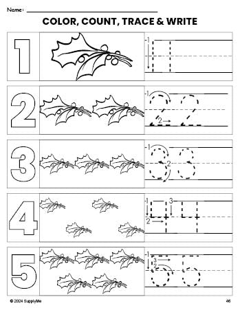 Free printable holly Christmas coloring page and number tracing worksheet, numbers 1-5 counting worksheet for preschool and pre-k