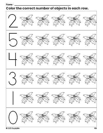 Free printable holly Christmas count and color worksheet for preschoolers, Christmas coloring page and counting worksheet numbers 0-5, PDF