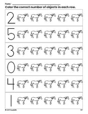 Free printable horse count and color worksheet for preschoolers, horse coloring page and counting worksheet numbers 0-5, PDF