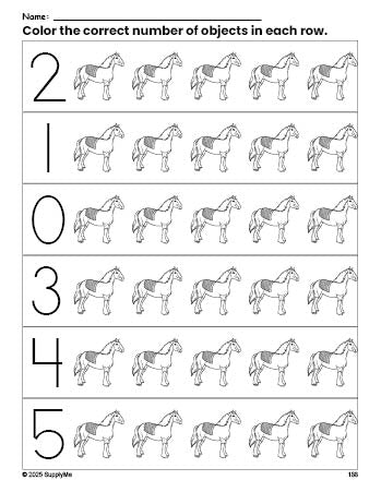 Free printable horse count and color worksheet for preschoolers, horse coloring page and counting worksheet numbers 0-5, PDF