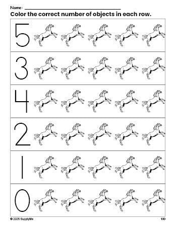 Free printable horse count and color worksheet for preschoolers, horse coloring page and counting worksheet numbers 0-5, PDF