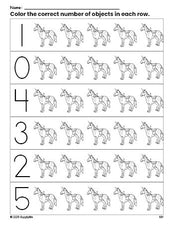 Free printable horse count and color worksheet for preschoolers, horse coloring page and counting worksheet numbers 0-5, PDF