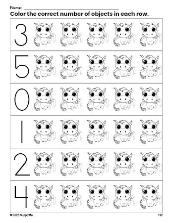 Free printable horse count and color worksheet for preschoolers, horse coloring page and counting worksheet numbers 0-5, PDF