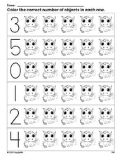 Free printable horse count and color worksheet for preschoolers, horse coloring page and counting worksheet numbers 0-5, PDF