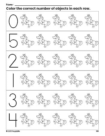 Free printable horse count and color worksheet for preschoolers, horse coloring page and counting worksheet numbers 0-5, PDF