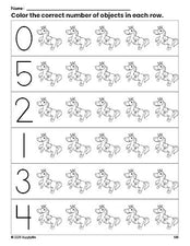 Free printable horse count and color worksheet for preschoolers, horse coloring page and counting worksheet numbers 0-5, PDF