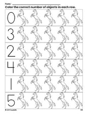 Free printable horse count and color worksheet for preschoolers, horse coloring page and counting worksheet numbers 0-5, PDF