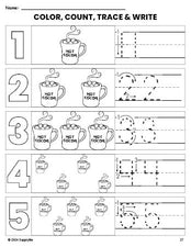 Free printable hot chocolate winter coloring page and number tracing worksheet, numbers 1-5 counting worksheet for preschool and pre-k