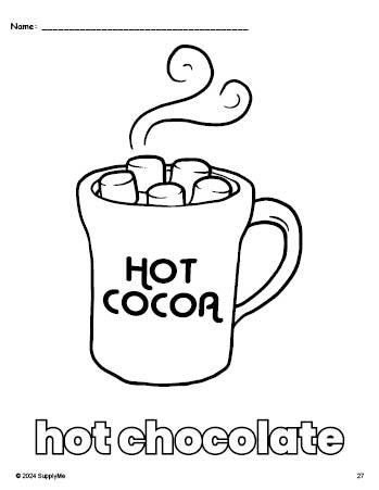 Free printable hot chocolate winter coloring page for preschool, pre-k, and kindergarten