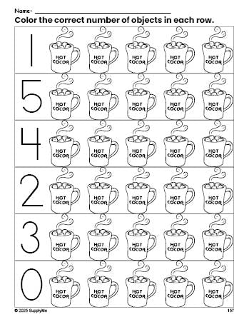 Free printable hot chocolate winter count and color worksheet for preschoolers, winter coloring page and counting worksheet numbers 0-5, PDF