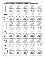 Free printable hot chocolate winter count and color worksheet for preschoolers, winter coloring page and counting worksheet numbers 0-5, PDF