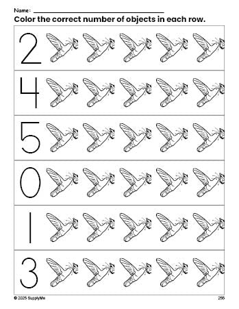 Free printable humming bird count and color worksheet for preschoolers, humming bird coloring page and counting worksheet numbers 0-5, PDF