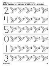 Free printable humming bird count and color worksheet for preschoolers, humming bird coloring page and counting worksheet numbers 0-5, PDF