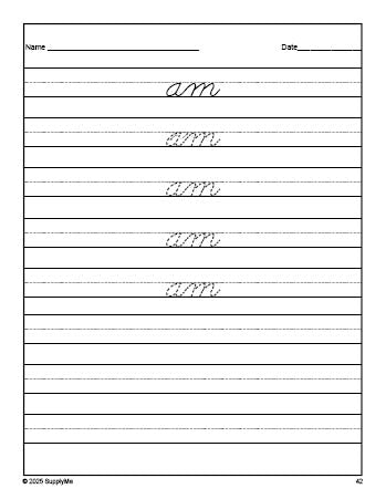 Free kindergarten sight word cursive tracing worksheet, high frequency word 'am', first 100 fry sight words, Dolch primer, PDF