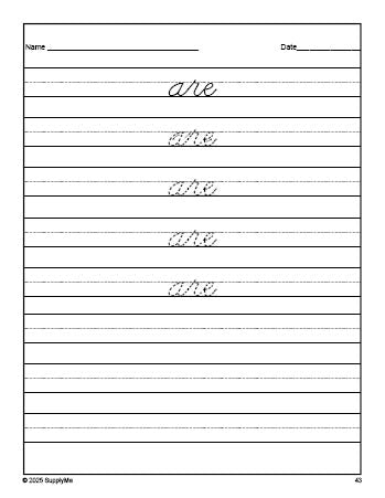 Free kindergarten sight word cursive tracing worksheet, high frequency word 'are', first 100 fry sight words, Dolch primer, PDF