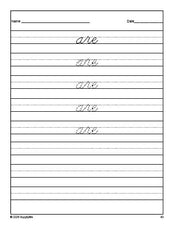 Free kindergarten sight word cursive tracing worksheet, high frequency word 'are', first 100 fry sight words, Dolch primer, PDF