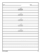 Free kindergarten sight word cursive tracing worksheet, high frequency word 'ate', Dolch primer, PDF