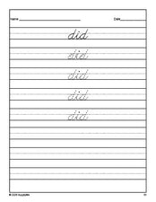 Free kindergarten sight word cursive tracing worksheet, high frequency word 'did', first 100 fry sight words, Dolch primer, PDF