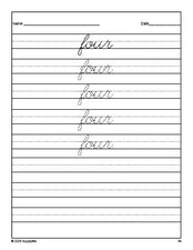 Free kindergarten sight word cursive tracing worksheet, high frequency word 'four', third 100 fry sight words, Dolch primer, PDF