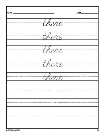 Free kindergarten sight word cursive tracing worksheet, high frequency word 'there', first 100 fry sight words, Dolch primer, PDF