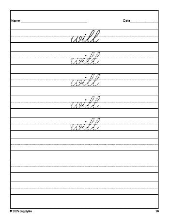 Free kindergarten sight word cursive tracing worksheet, high frequency word 'will', first 100 fry sight words, Dolch primer, PDF