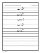 Free kindergarten sight word cursive tracing worksheet, high frequency word 'will', first 100 fry sight words, Dolch primer, PDF