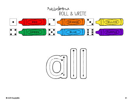 Free kindergarten worksheet, rainbow roll and write sight word tracing worksheet, beginner sight word for kindergarteners and high frequency word 'all', first 100 fry sight words, Dolch primer, PDF