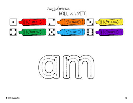 Free kindergarten worksheet, rainbow roll and write sight word tracing worksheet, beginner sight word for kindergarteners and high frequency word 'am', first 100 fry sight words, Dolch primer, PDF