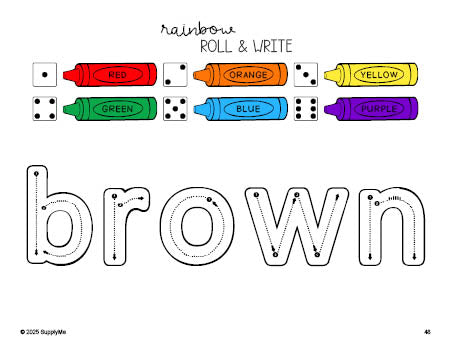 Free kindergarten worksheet, rainbow roll and write sight word tracing worksheet, beginner sight word for kindergarteners and high frequency word 'brown', eighth 100 fry sight words, Dolch primer, PDF