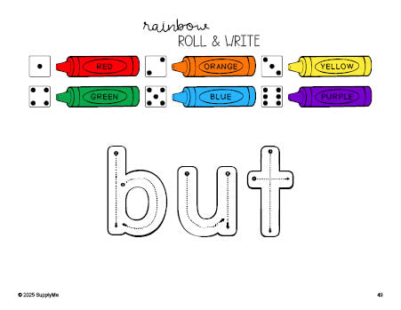 Free kindergarten worksheet, rainbow roll and write sight word tracing worksheet, beginner sight word for kindergarteners and high frequency word 'but', first 100 fry sight words, Dolch primer, PDF