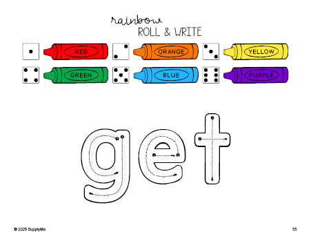 Free kindergarten worksheet, rainbow roll and write sight word tracing worksheet, beginner sight word for kindergarteners and high frequency word 'get', first 100 fry sight words, Dolch primer, PDF