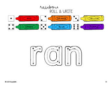 Free kindergarten worksheet, rainbow roll and write sight word tracing worksheet, beginner sight word for kindergarteners and high frequency word 'ran', fifth 100 fry sight words, Dolch primer, PDF