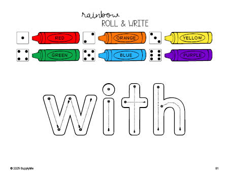 Free kindergarten worksheet, rainbow roll and write sight word tracing worksheet, beginner sight word for kindergarteners and high frequency word 'with', first 100 fry sight words, Dolch primer, PDF