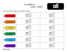 Free kindergarten worksheet, rainbow sight word tracing worksheet, beginner sight word for kindergarteners and high frequency word 'all', first 100 fry sight words, Dolch primer, PDF