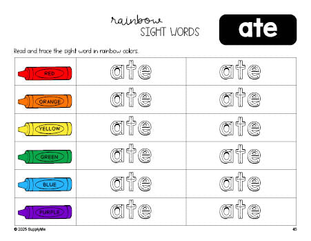 Free kindergarten worksheet, rainbow sight word tracing worksheet, beginner sight word for kindergarteners and high frequency word 'ate', Dolch primer, PDF