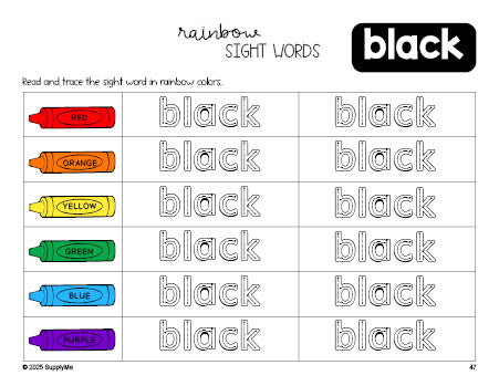 Free kindergarten worksheet, rainbow sight word tracing worksheet, beginner sight word for kindergarteners and high frequency word 'black', fourth 100 fry sight words, Dolch primer, PDF