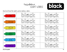 Free kindergarten worksheet, rainbow sight word tracing worksheet, beginner sight word for kindergarteners and high frequency word 'black', fourth 100 fry sight words, Dolch primer, PDF