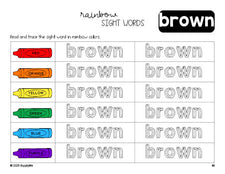 Free kindergarten worksheet, rainbow sight word tracing worksheet, beginner sight word for kindergarteners and high frequency word 'brown', eighth 100 fry sight words, Dolch primer, PDF