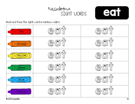 Free kindergarten worksheet, rainbow sight word tracing worksheet, beginner sight word for kindergarteners and high frequency word 'eat', third 100 fry sight words, Dolch primer, PDF