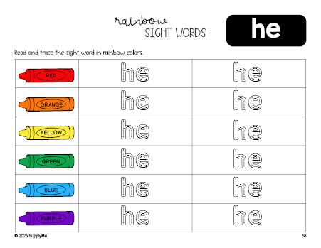 Free kindergarten worksheet, rainbow sight word tracing worksheet, beginner sight word for kindergarteners and high frequency word 'he', first 100 fry sight words, Dolch primer, PDF