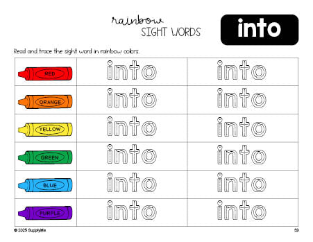 Free kindergarten worksheet, rainbow sight word tracing worksheet, beginner sight word for kindergarteners and high frequency word 'into', first 100 fry sight words, Dolch primer, PDF