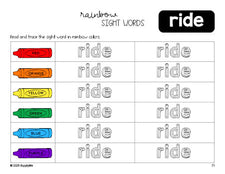 Free kindergarten worksheet, rainbow sight word tracing worksheet, beginner sight word for kindergarteners and high frequency word 'ride', seventh 100 fry sight words, Dolch primer, PDF