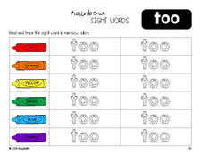 Free kindergarten worksheet, rainbow sight word tracing worksheet, beginner sight word for kindergarteners and high frequency word 'too', second 100 fry sight words, Dolch primer, PDF