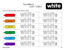 Free kindergarten worksheet, rainbow sight word tracing worksheet, beginner sight word for kindergarteners and high frequency word 'white', third 100 fry sight words, Dolch primer, PDF