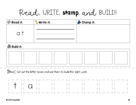 Free kindergarten worksheet, read, write, stamp, and build the beginner sight word for kindergarteners and high frequency word 'at', first 100 fry sight words, Dolch primer, PDF