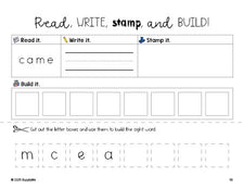 Free kindergarten worksheet, read, write, stamp, and build the beginner sight word for kindergarteners and high frequency word 'came', second 100 fry sight words, Dolch primer, PDF