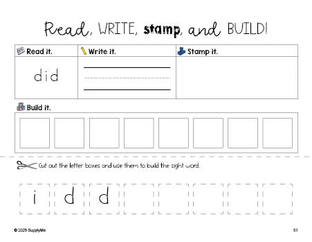 Free kindergarten worksheet, read, write, stamp, and build the beginner sight word for kindergarteners and high frequency word 'did', first 100 fry sight words, Dolch primer, PDF