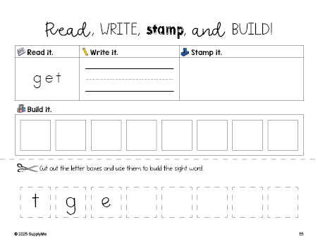 Free kindergarten worksheet, read, write, stamp, and build the beginner sight word for kindergarteners and high frequency word 'get', first 100 fry sight words, Dolch primer, PDF